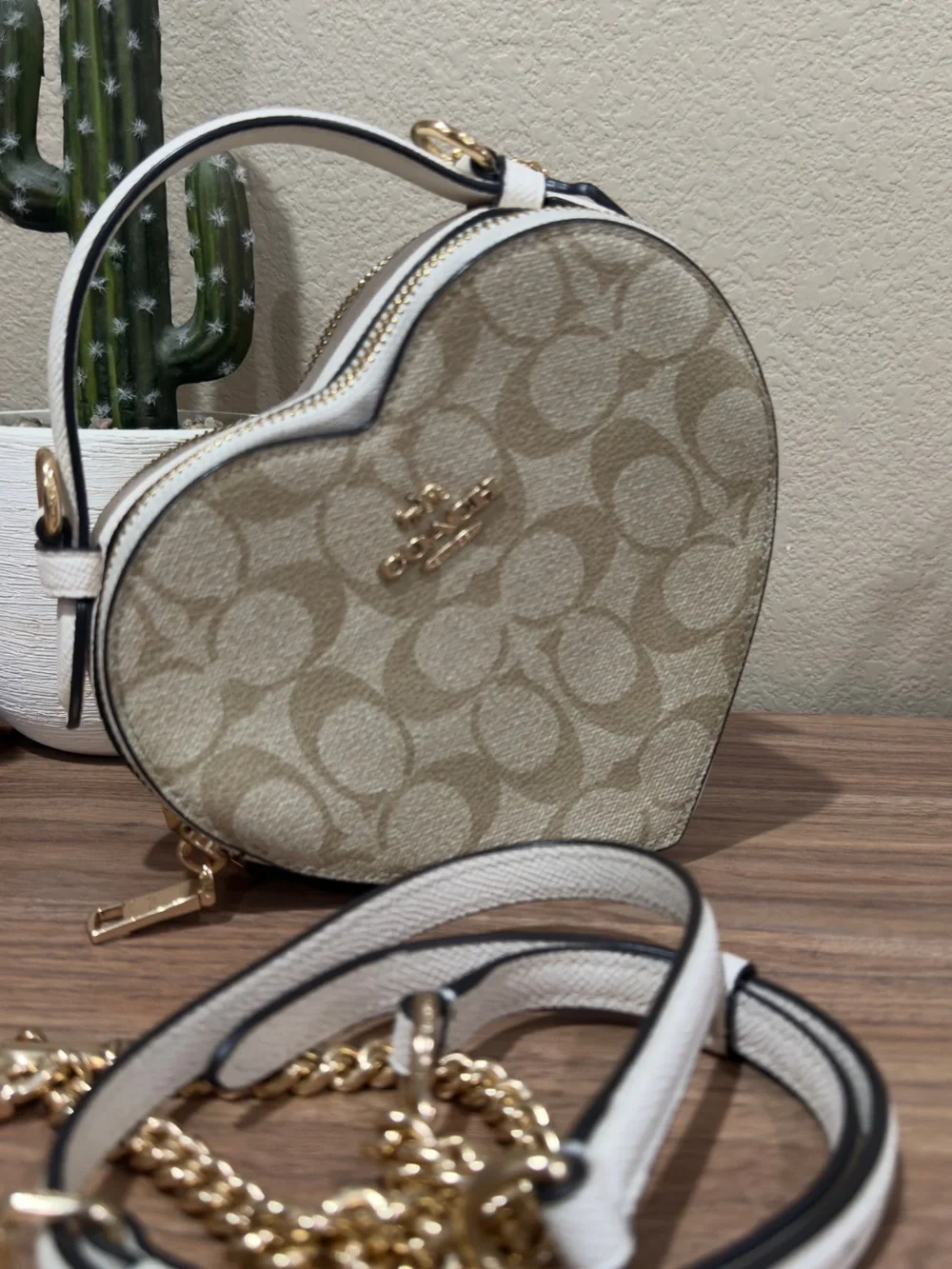 Coach Beige Signature Heart Mini Crossbody with Gold Logo